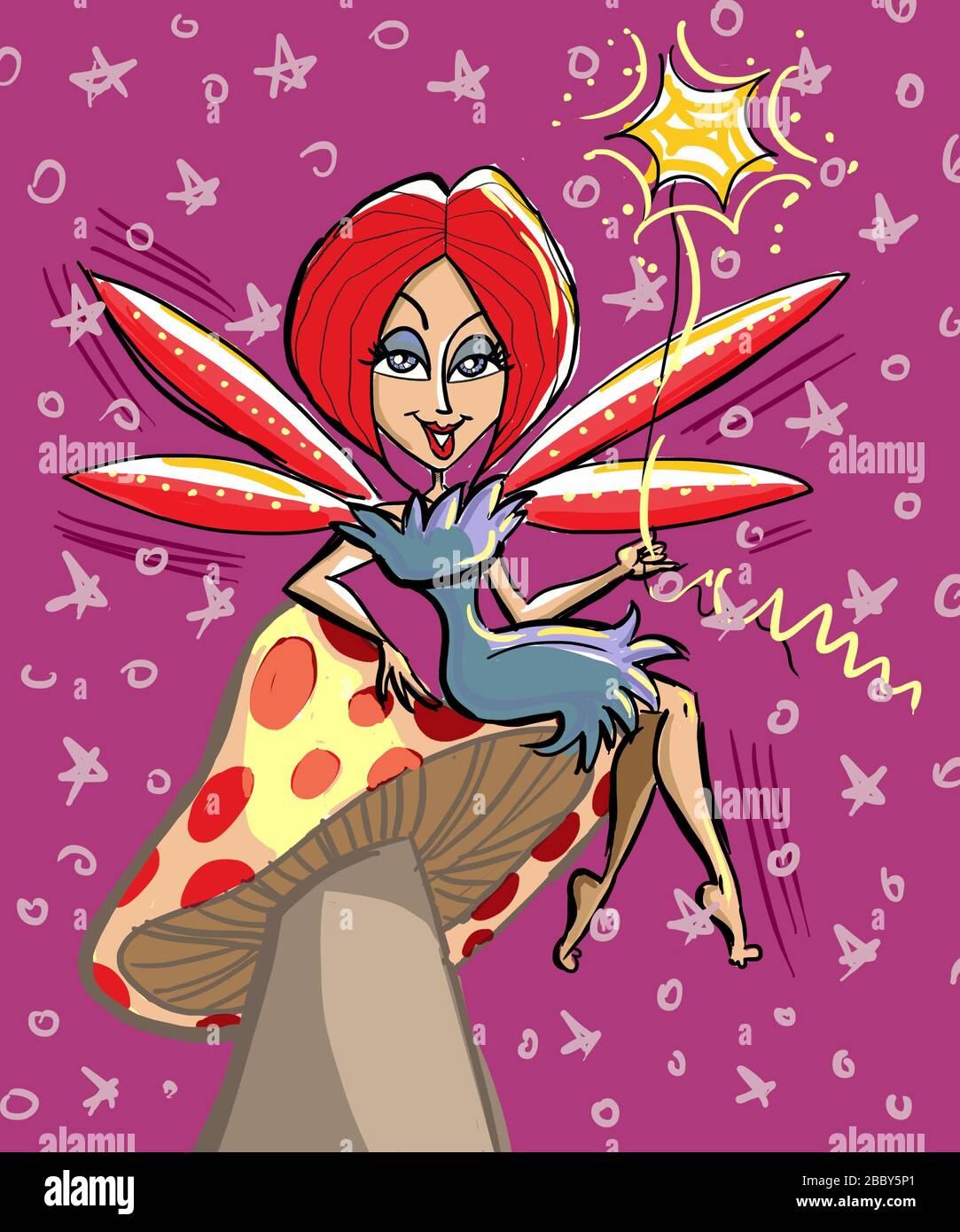 A winged fairy sitting on a polka dot mushroom on a purple background. She has red hair and holds a star on a string Stock Photo