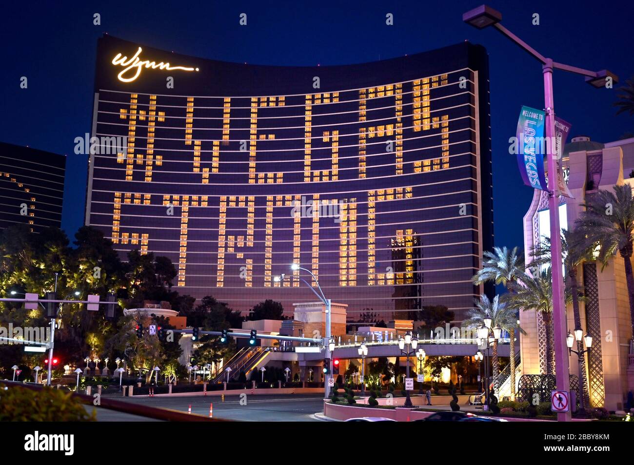 Las Vegas, Nevada, USA. 1st Apr, 2020. An exterior view shows guest rooms  at Wynn Las Vegas illuminated to spell out ''#VEGAS STRONG'' as the resort  remains closed as a result of
