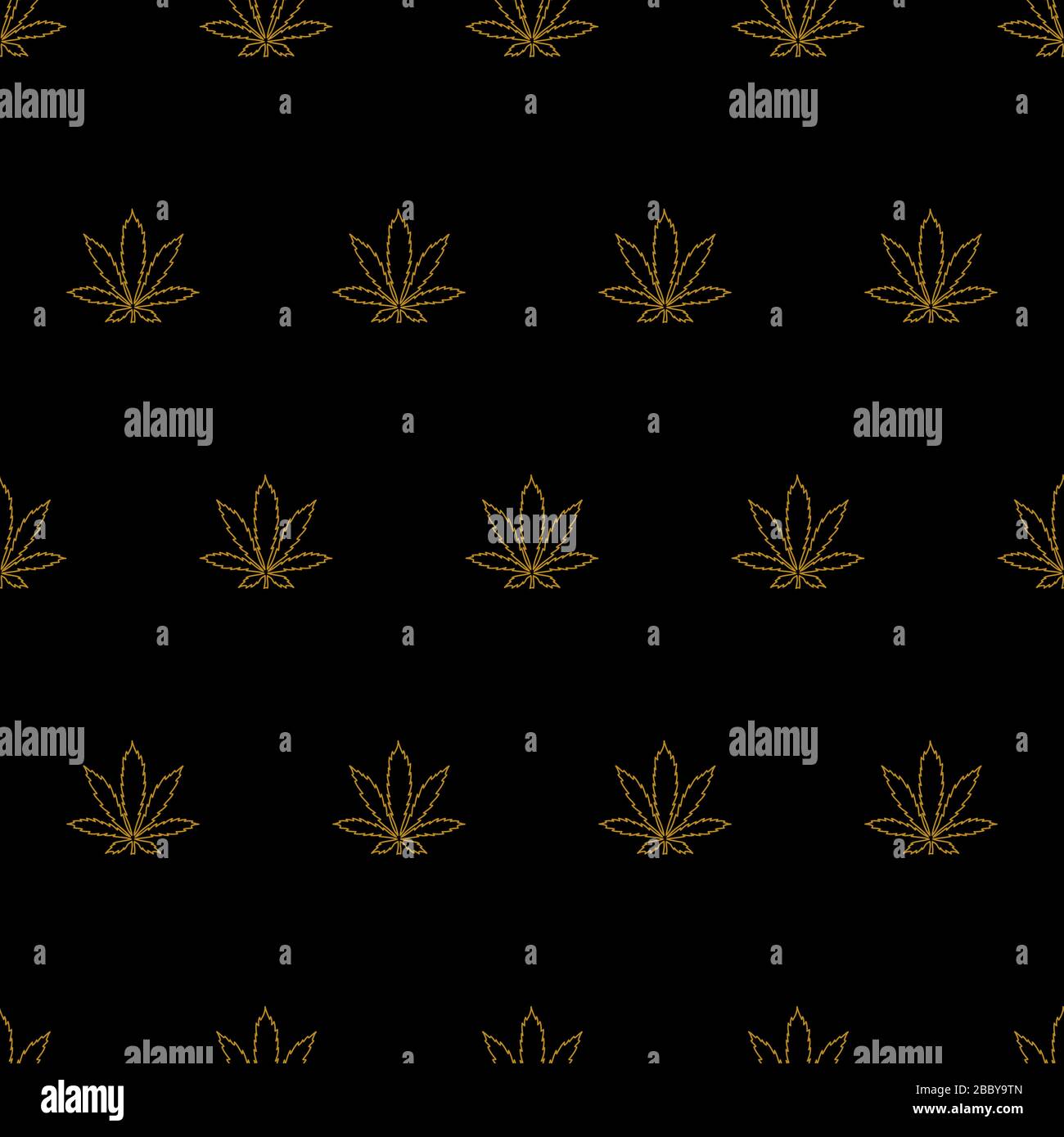 Dark seamless pattern with gold outline cannabis leaves on black background. Vector illustration. Stock Vector