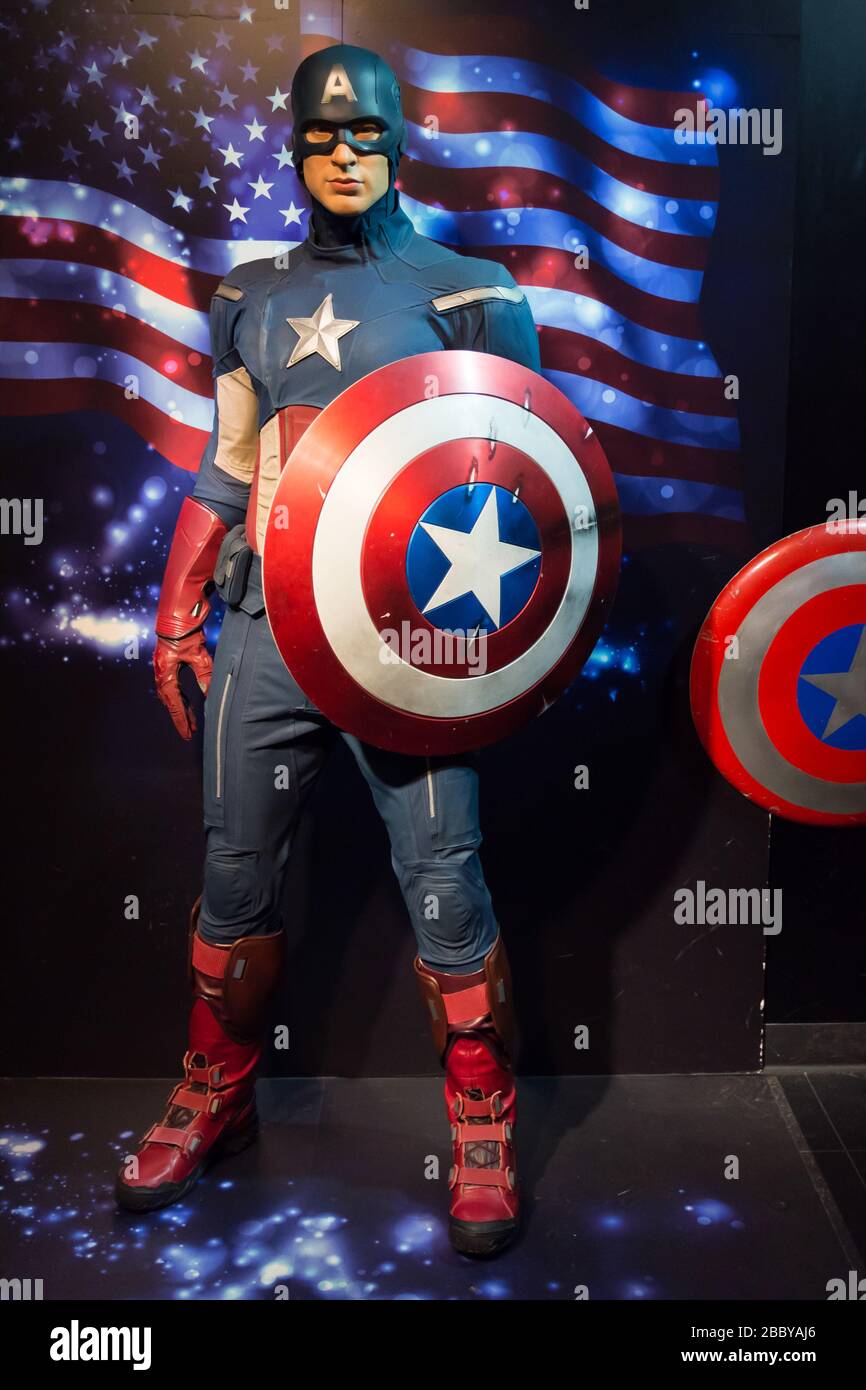 Bangkok,Thailand - November 1,2019 : Chris Evans (Captain America) wax figure display at Madame Tussauds Museum,Siam Discovery in Bangkok Thailand. Stock Photo