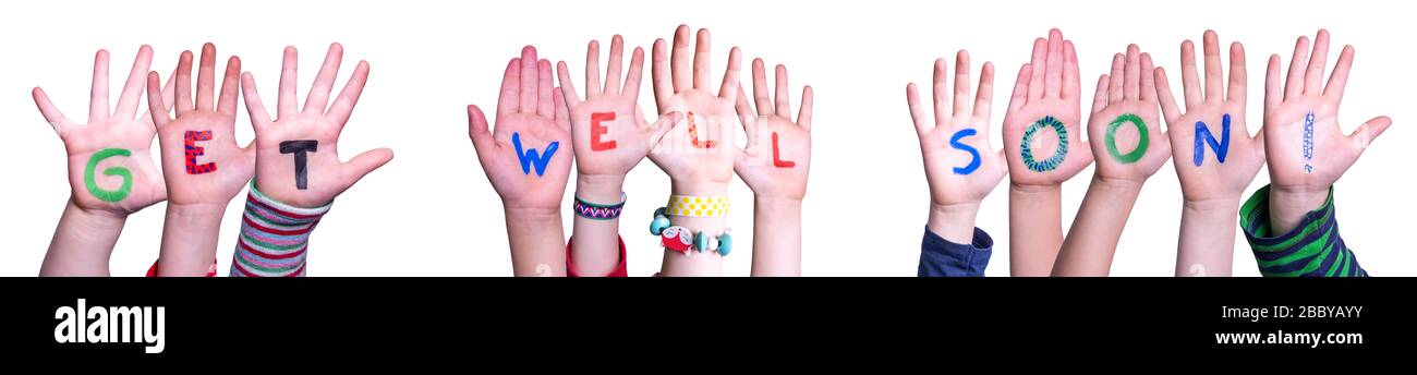 Children Hands Building Word Get Well Soon, Isolated Background Stock Photo