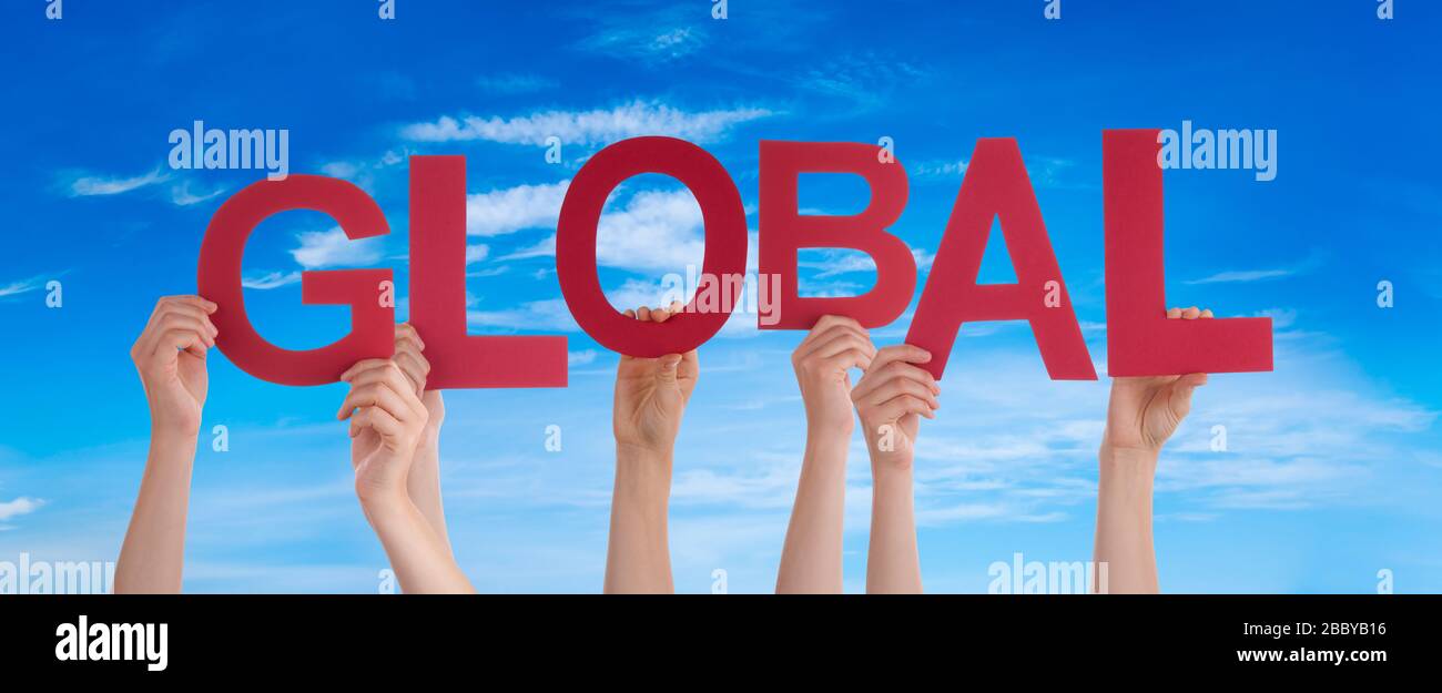 People Hands Holding Word Global, Blue Sky Stock Photo