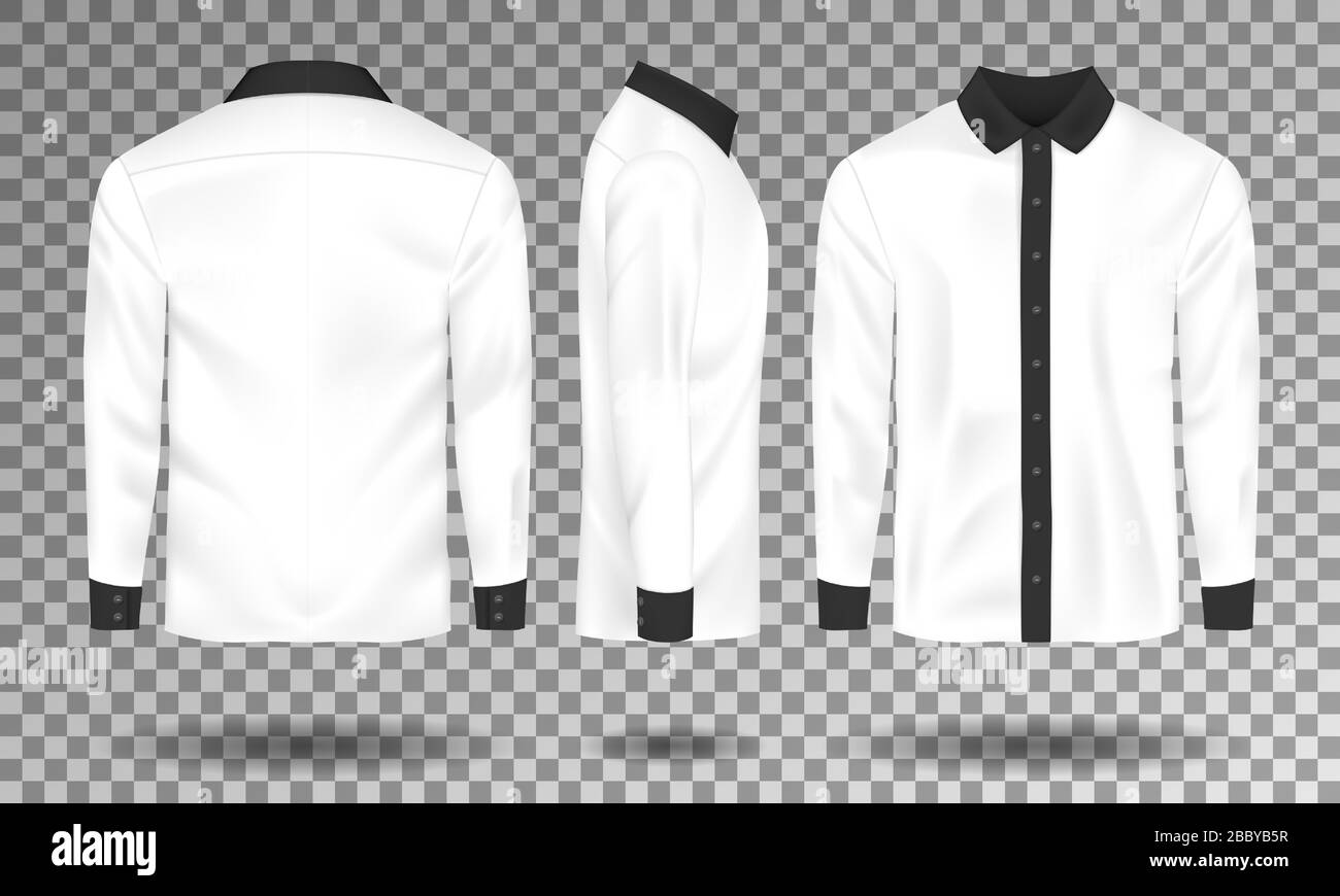 White and black male casual shirt template. Blank male shirt with long sleeves in front, back and side view, isolated. 3D realistic vector Stock Vector