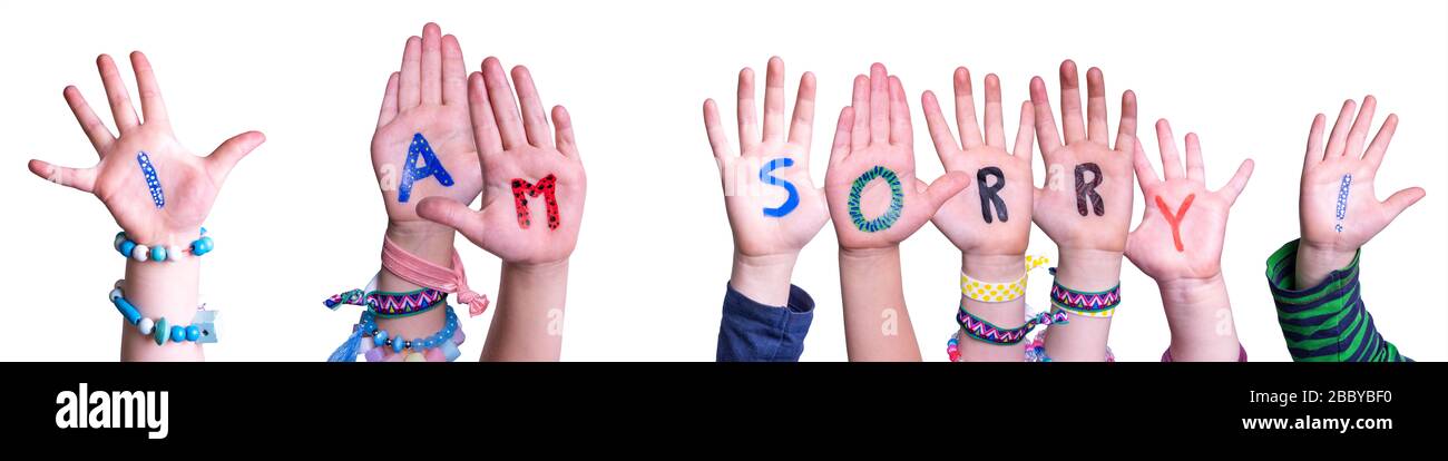 Children Hands Building Word I Am Sorry, Isolated Background Stock Photo
