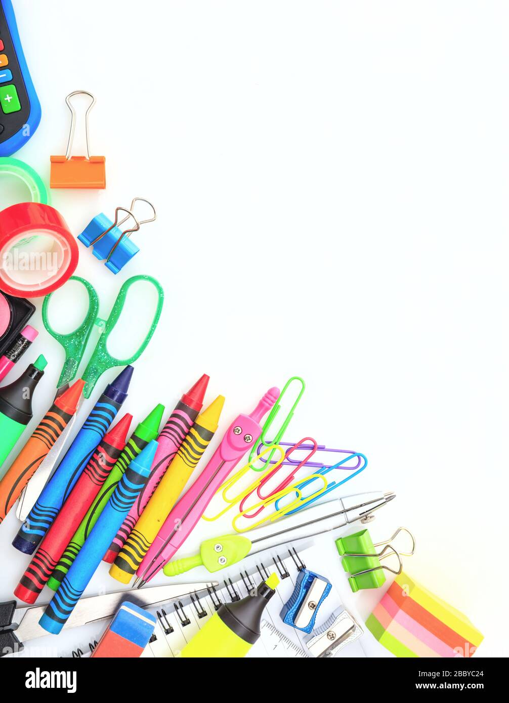 Back to school. School supplies on white background, top view. Kid creative and education