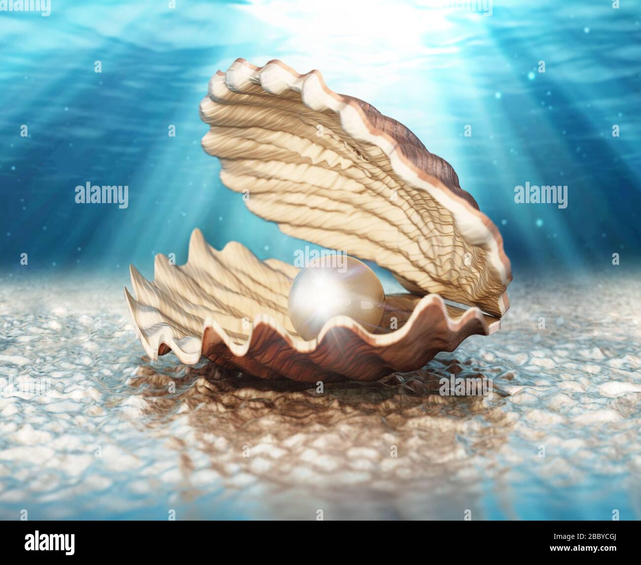 Oyster with a giant pearl standing on sea bed. 3D illustration. Stock Photo