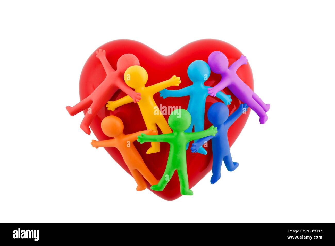 Group of colorful people figures sticking together with red heart isolated on white background with clipping path Stock Photo