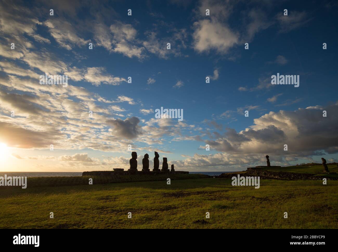 Some giant statues of Easter Island at sunset. The moai of the Ahu