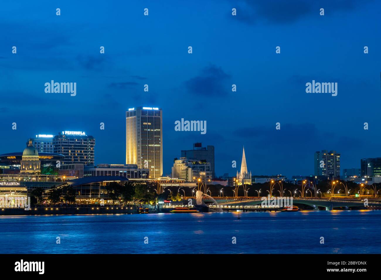 Singapore, Singapore - FEBRUARY 14, 2020: View at Singapore City Skyline at night Stock Photo