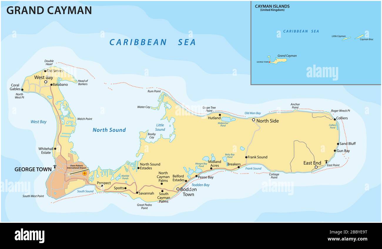 Vector road map of the Caribbean island of Grand Cayman Stock Vector