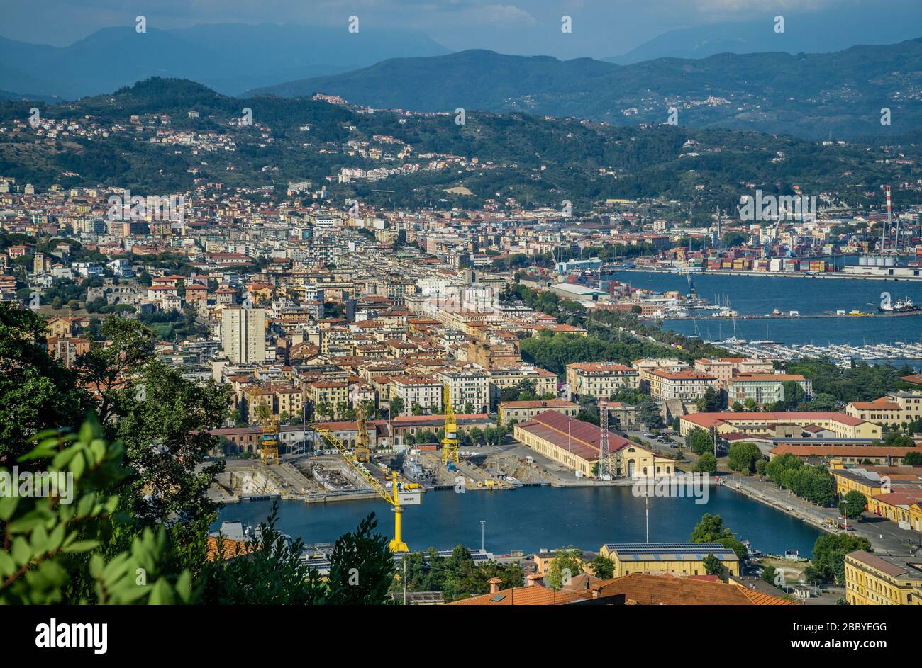 view of the Navy Base in the harbour of La Spezia and the Gulf of La Spezia, Liguria, Italy Stock Photo