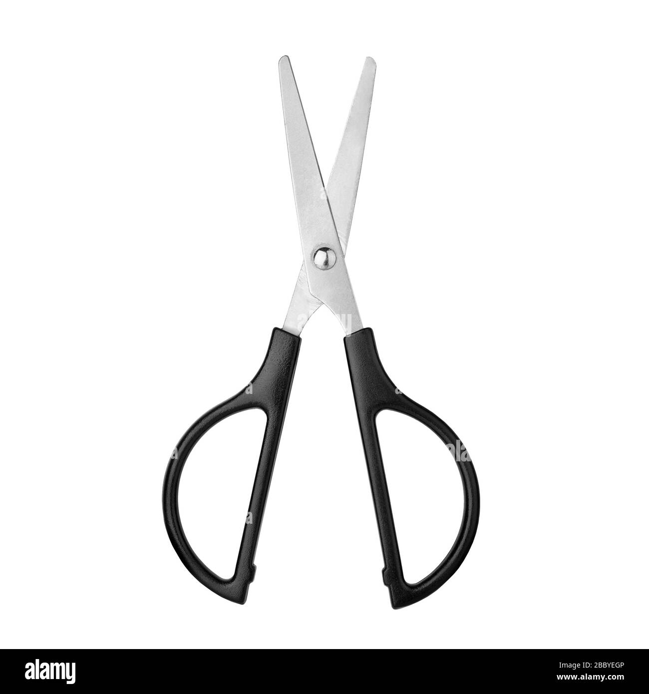 Silver metal open scissors with black plastic handles on white background isolated close up, steel cutting tool for paper, fabric clippers, shears Stock Photo