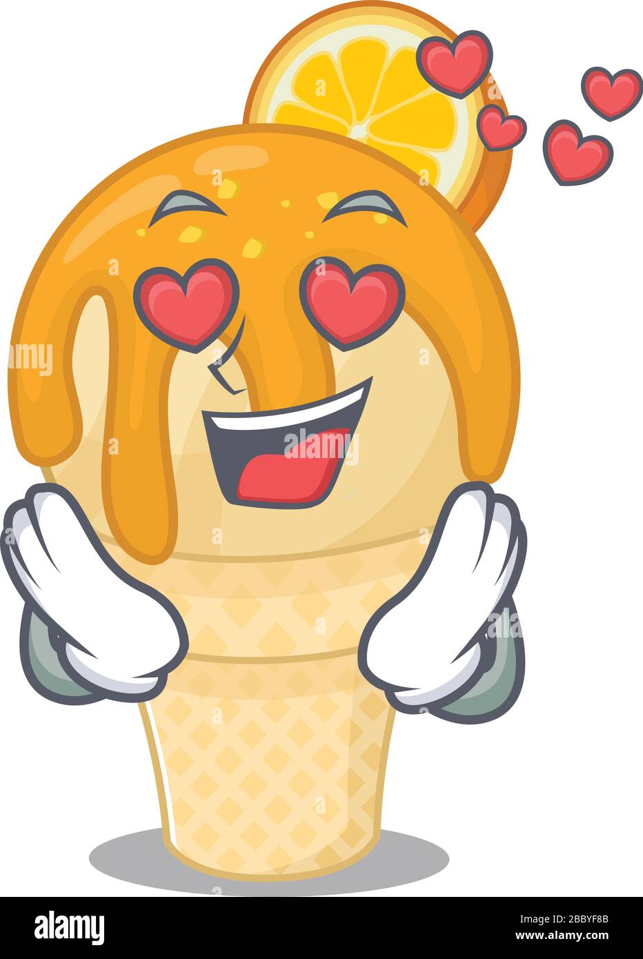Cute orange ice cream cartoon character has a falling in love face