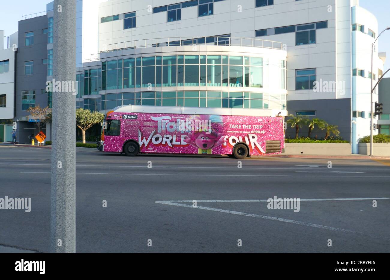 Los Angeles, California, USA 1st April 2020 A general view of atmosphere of Trolls World Tour on Bus with empty streets due to outbreak of Coronavirus as people practice social distancing during Stay At Home order on April 1, 2020 in Los Angeles, California, USA. Photo by Barry King/Alamy Stock Photo Stock Photo