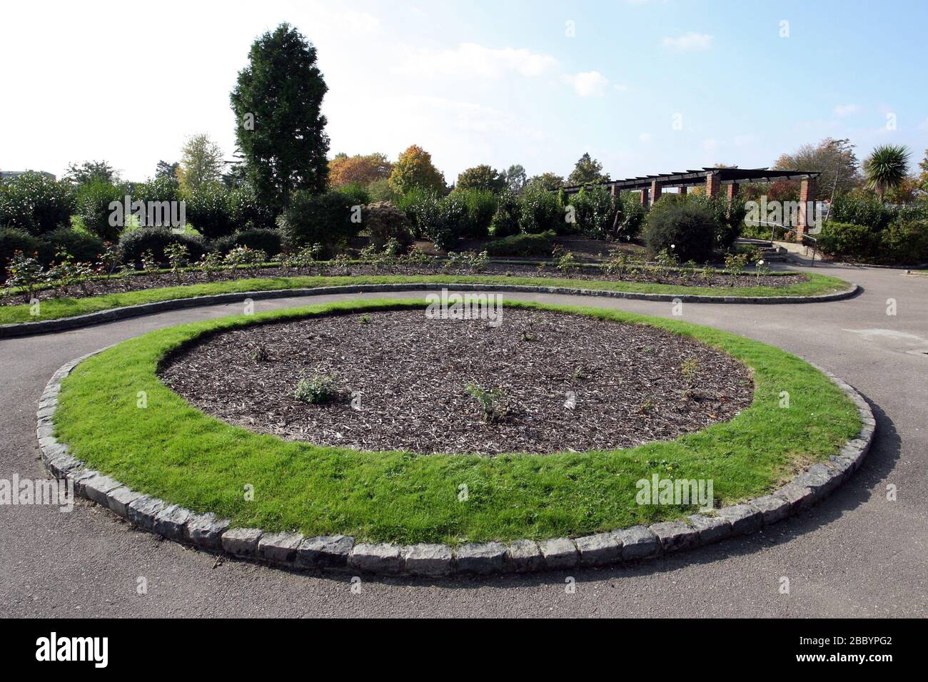 Flower beds and paths. Clayhall Park, Longwood Gardens, Ilford, London