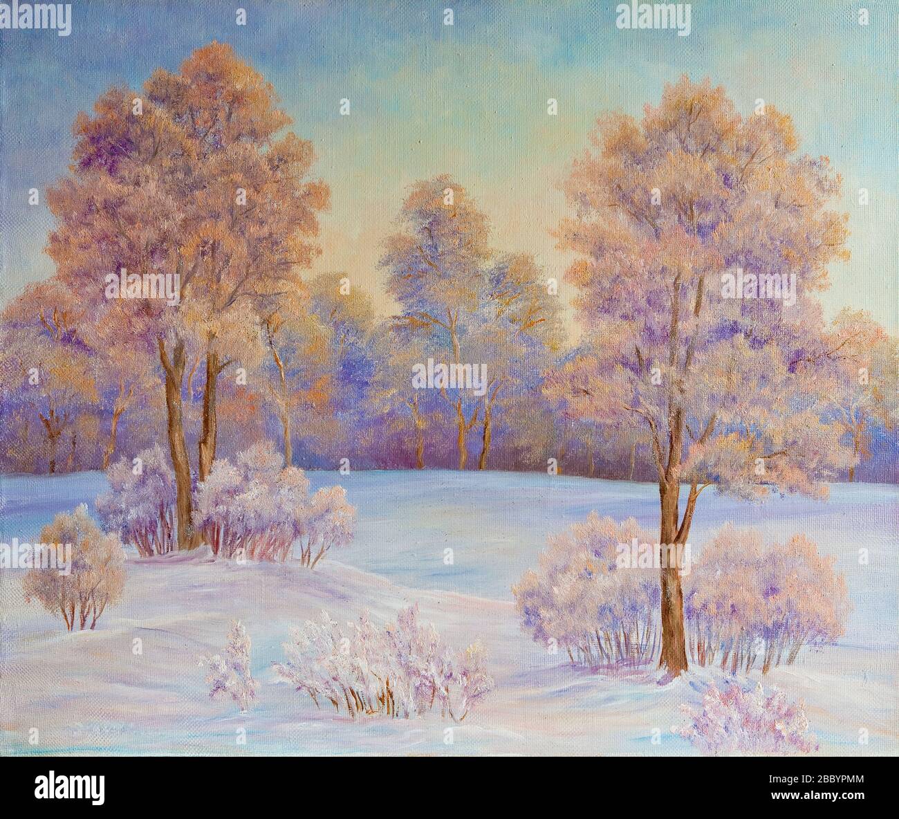 Winter landscape with trees in the snow on a canvas. Original oil ...