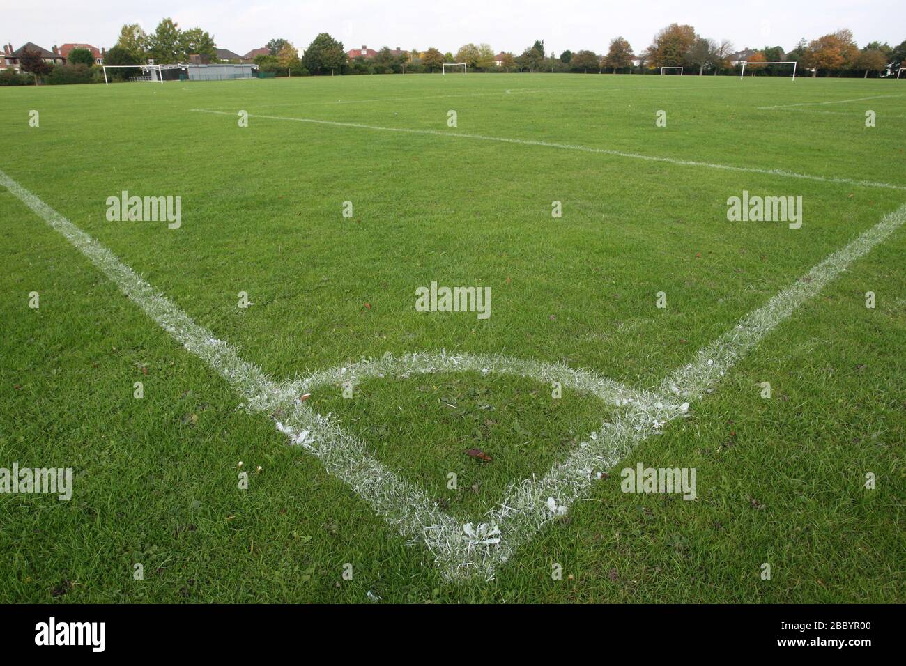 Corner arc on football pitch. Clayhall Park, Longwood Gardens, Ilford