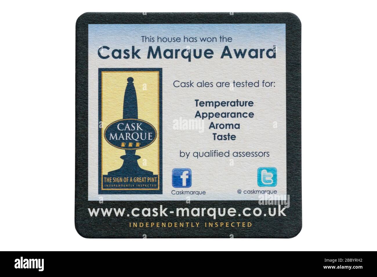 This house has won the Cask Marque Award cask ales are tested for temperature appearance aroma taste by qualified assessors beer mat coaster on white Stock Photo