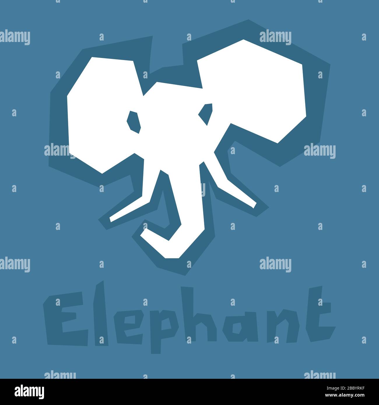 Elephant icon, paper cut. Brutal modern style. Abstract silhouette on a blue background with text. Interactive card for learning English alphabet Stock Vector