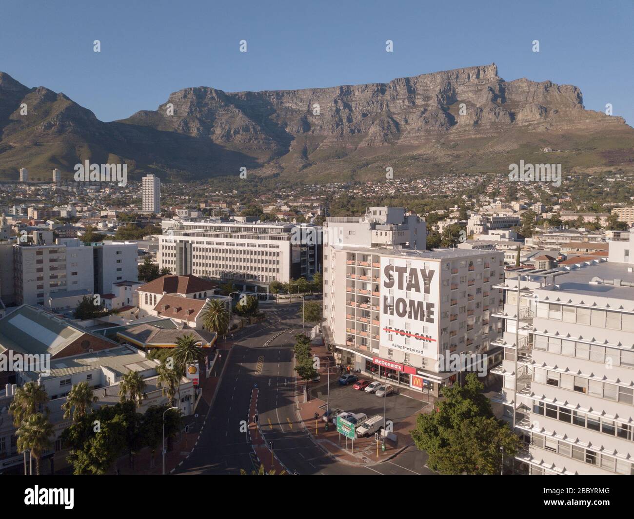 2 April 2020 - Cape Town, South Africa: Aerial view of empty streets in Cape Town, South Africa during the Covid 19 lockdown. Stock Photo