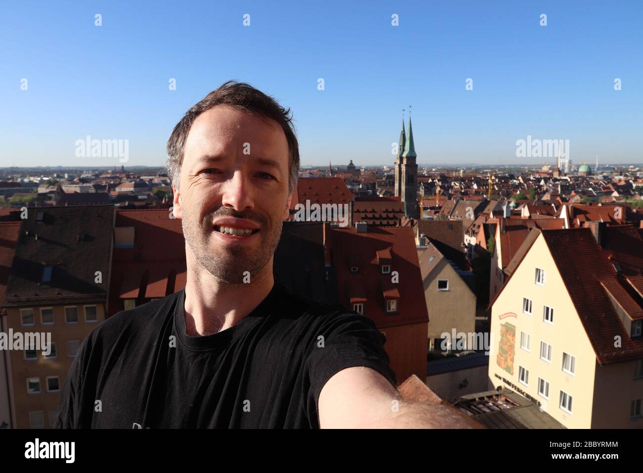 Tourist selfie in Nuremberg Old Town, Germany. Traveler selfie. Stock Photo
