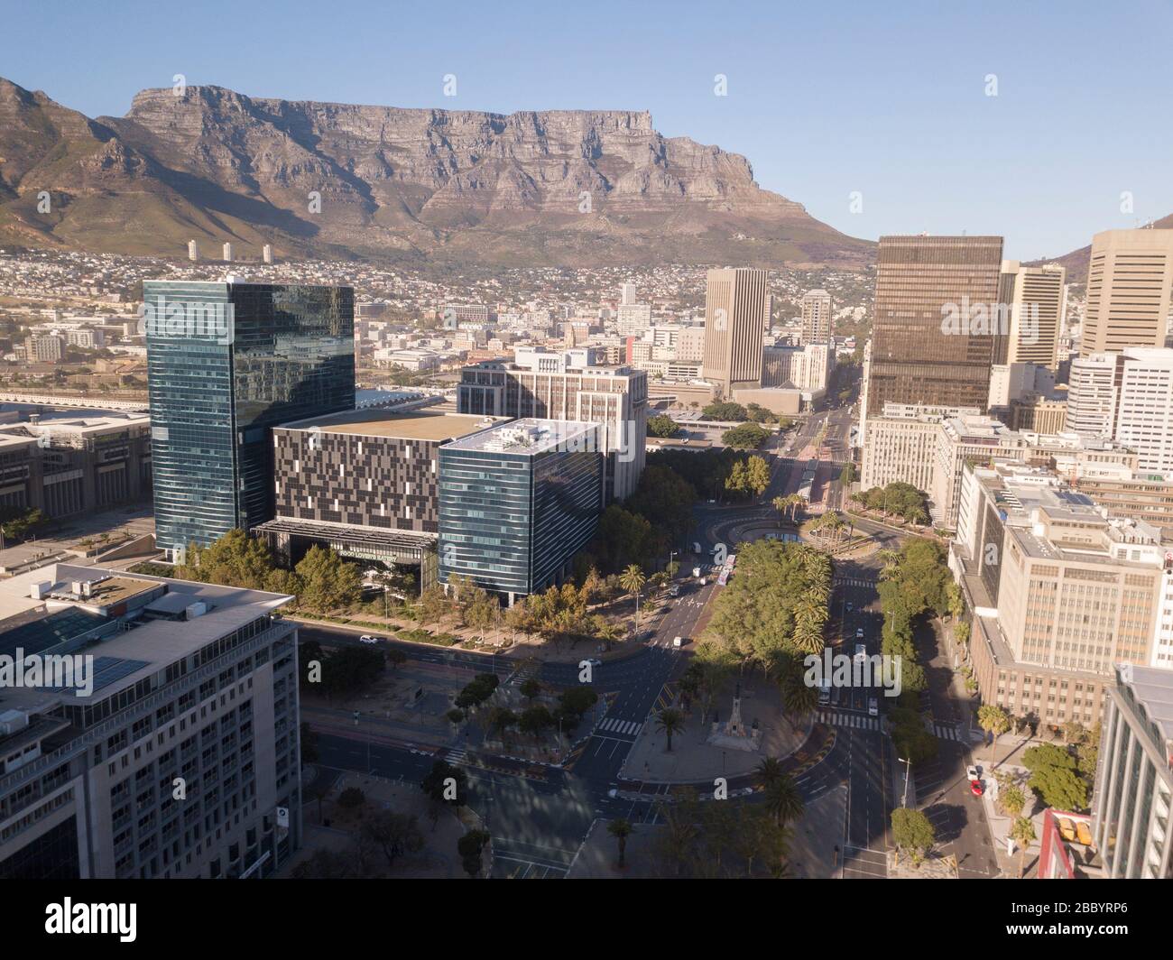 2 April 2020 - Cape Town, South Africa: Aerial view of empty streets in Cape Town, South Africa during the Covid 19 lockdown. Stock Photo