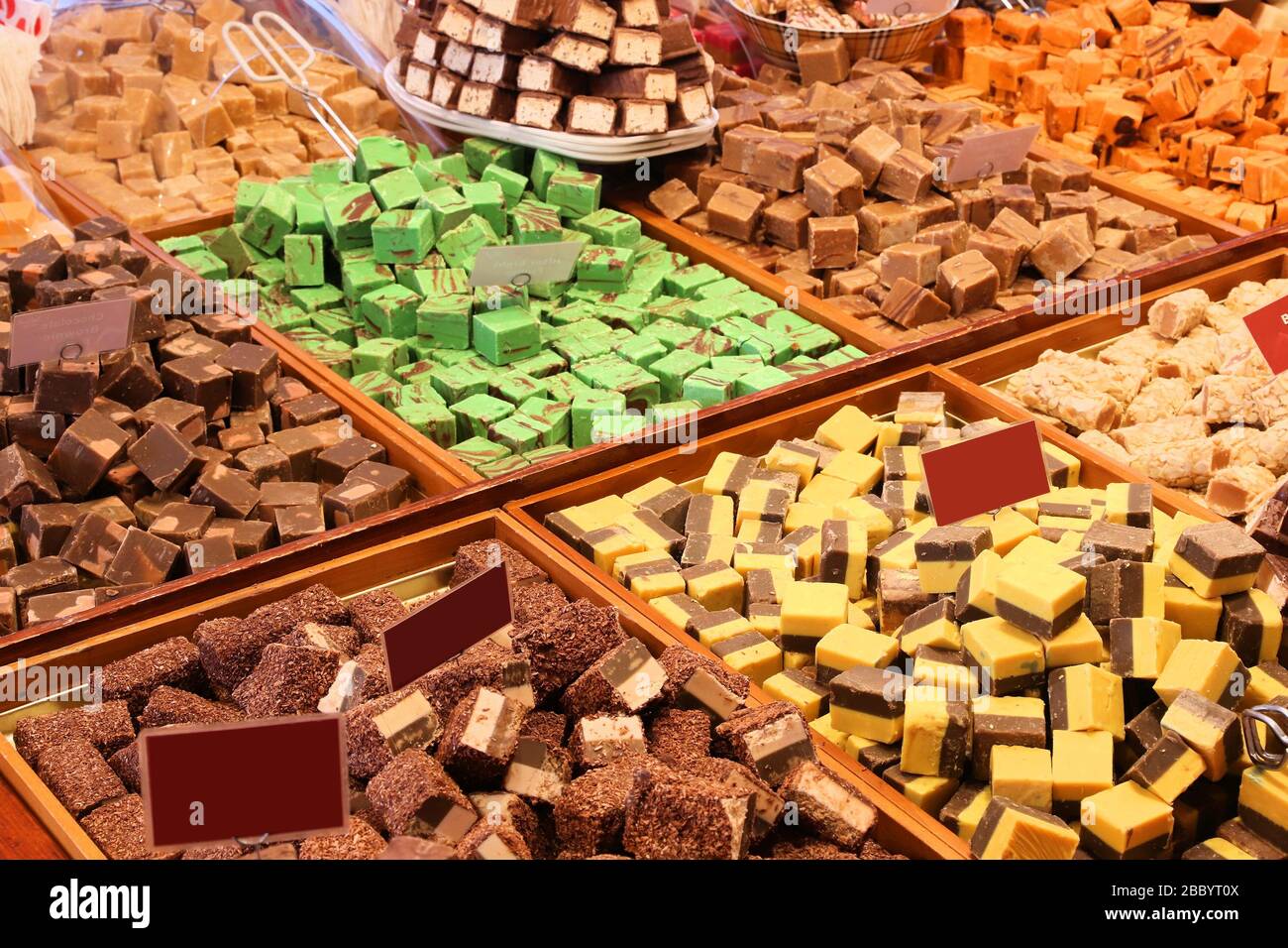 Fudge varieties in an artisanal sweets and chocolate shop Stock Photo