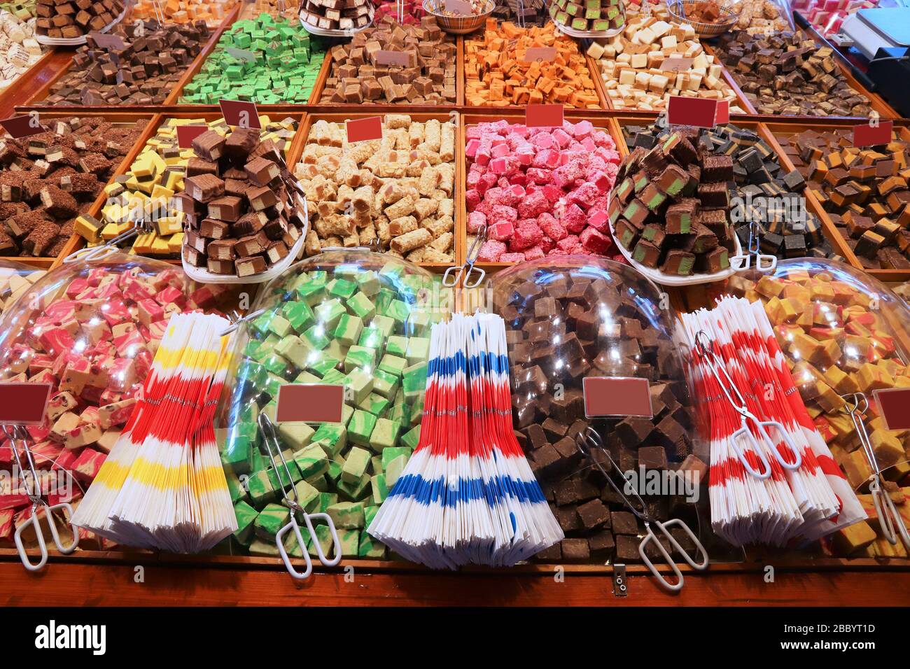 Fudge varieties in an artisanal sweets and chocolate shop Stock Photo