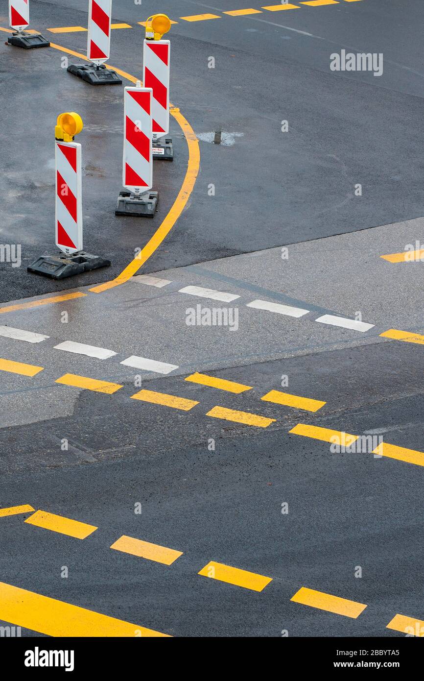 Road works, warning beacons and road markings, Munich, Upper Bavaria, Bavaria, Germany Stock Photo