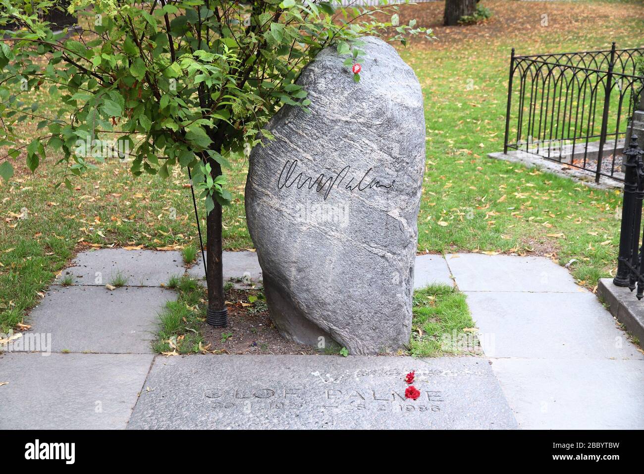 STOCKHOLM, SWEDEN - AUGUST 22, 2018: Grave of Olof Palme, assassinated Prime Minister of Sweden in Stockholm. The mystery remains unsolved. Stock Photo