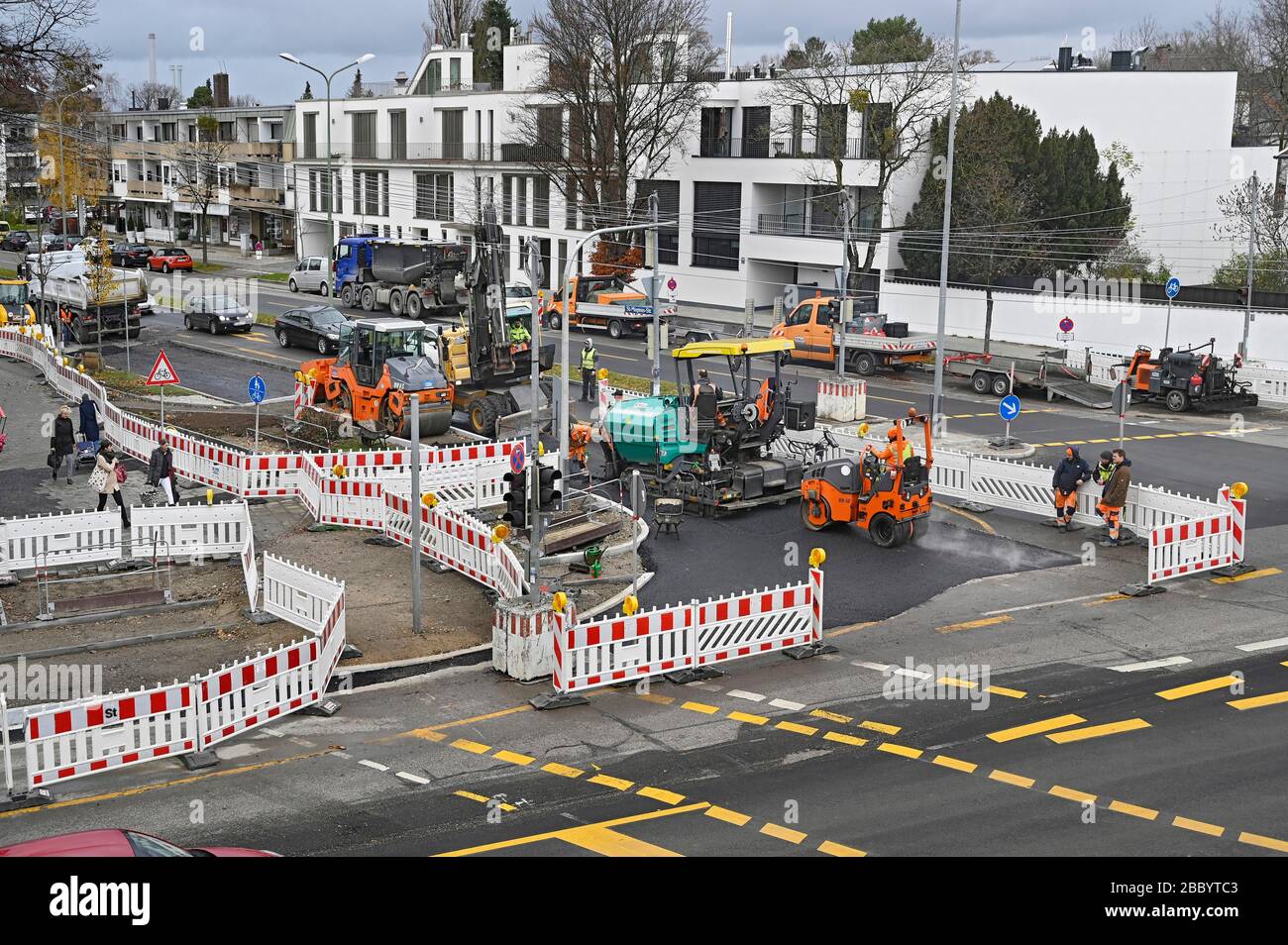 Road works, new construction of a traffic light system, Harlaching, Munich, Upper Bavaria, Bavaria, Germany Stock Photo
