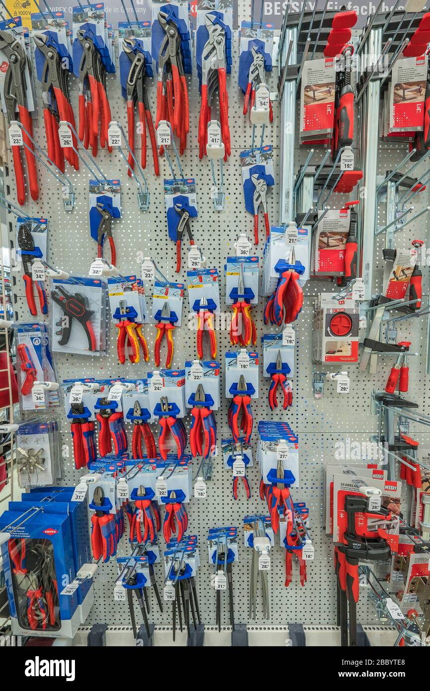 Pliers and screw clamps, hardware store, Bavaria, Germany Stock Photo