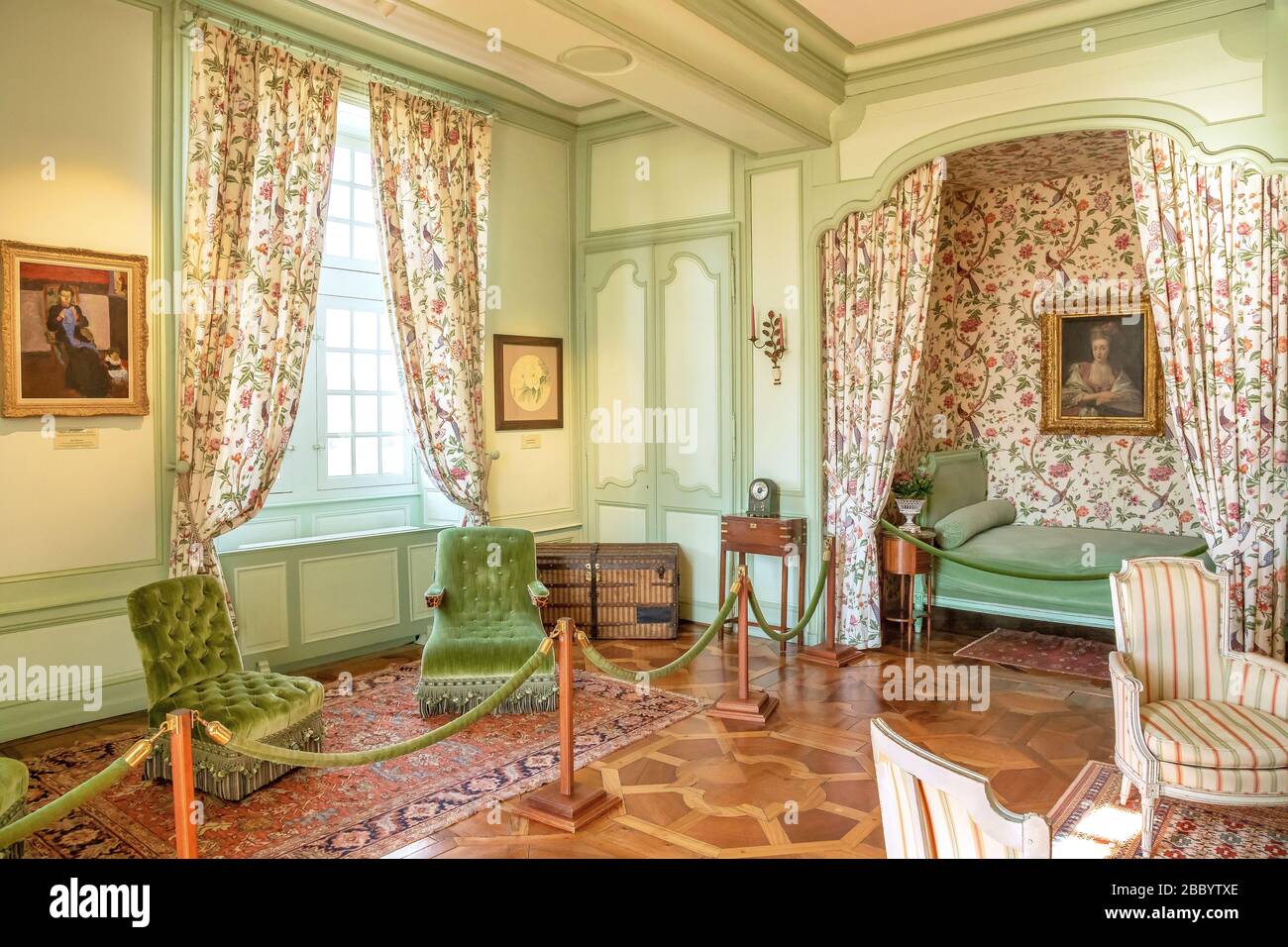 Green bedroom inside the Chateau de Villandry, Loire, France Stock Photo