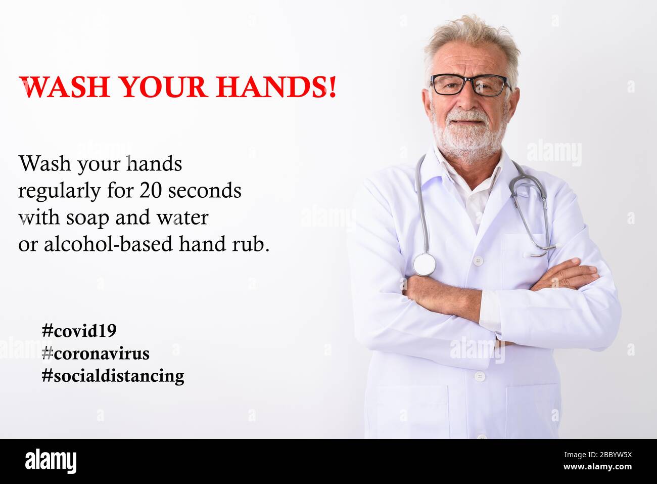 Senior bearded man doctor advising about washing hands for corona virus covid19 Stock Photo