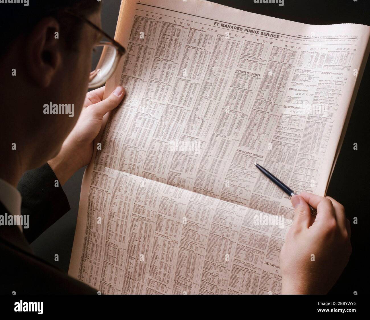 1988, checking share prices in the Financial Times Stock Photo