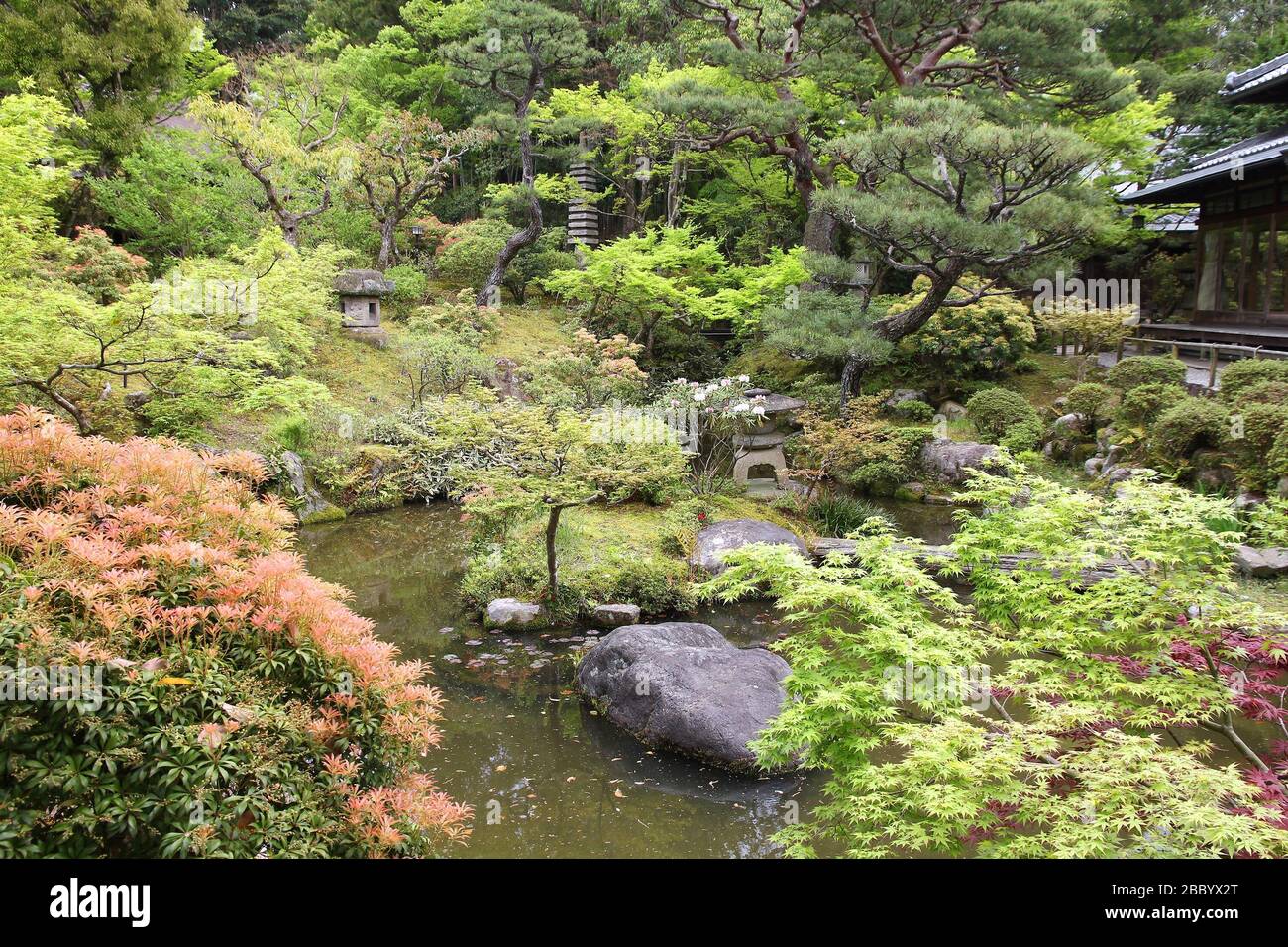 Japan style garden - Yoshikien Garden in Nara. Stock Photo