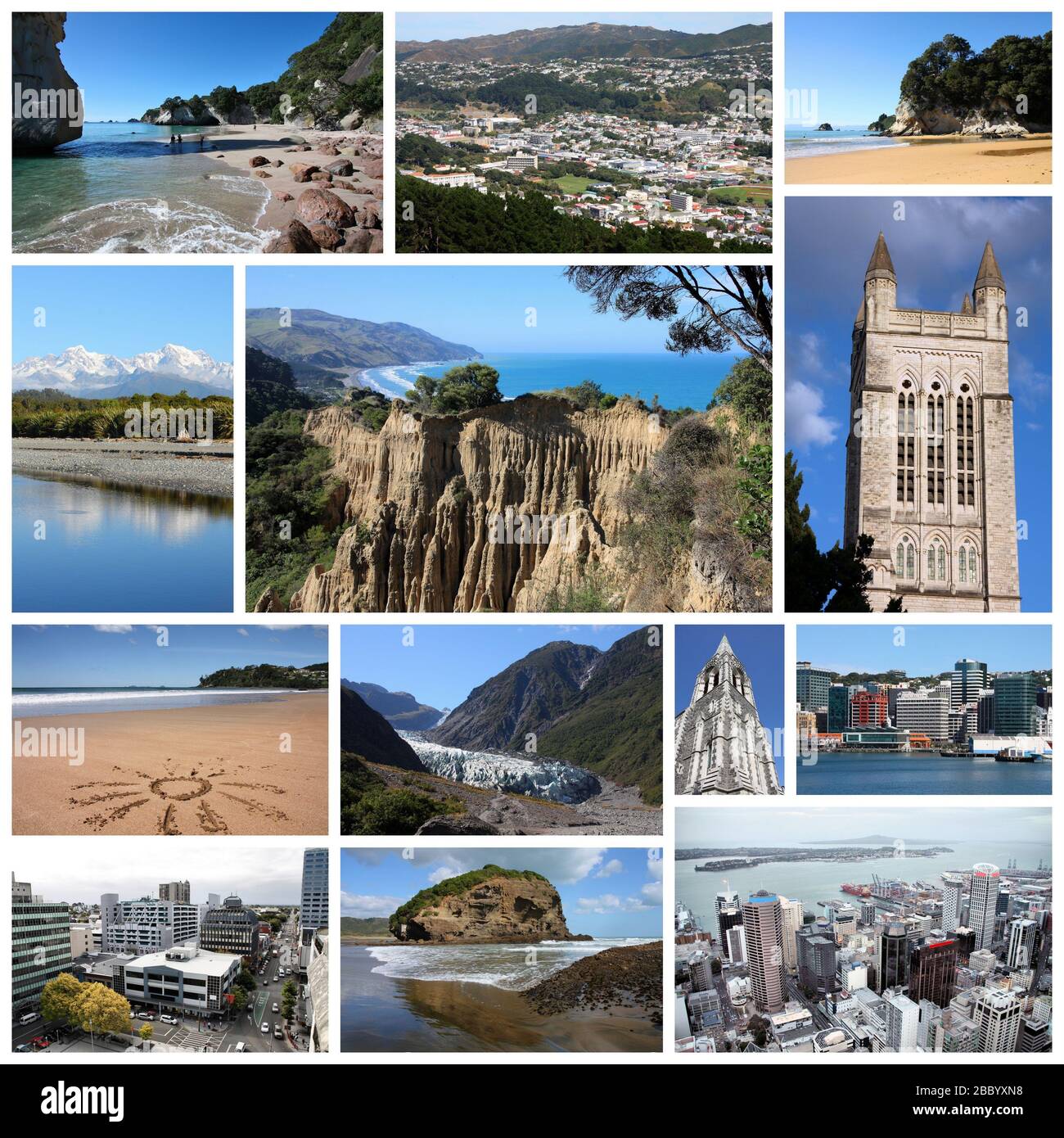 New Zealand landmarks travel photo collage with Auckland, Wellington, Christchurch, beaches