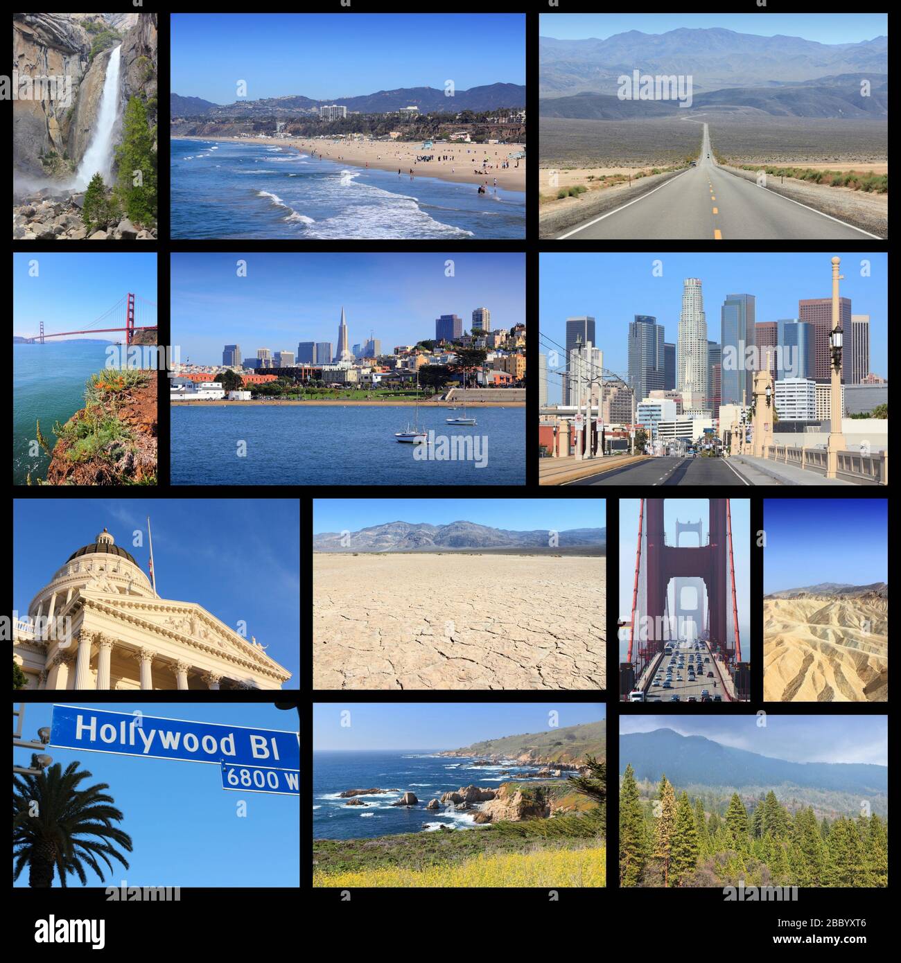 California travel collage with Los Angeles, San Francisco, Sacramento, Death Valley and Pacific Coast. Stock Photo