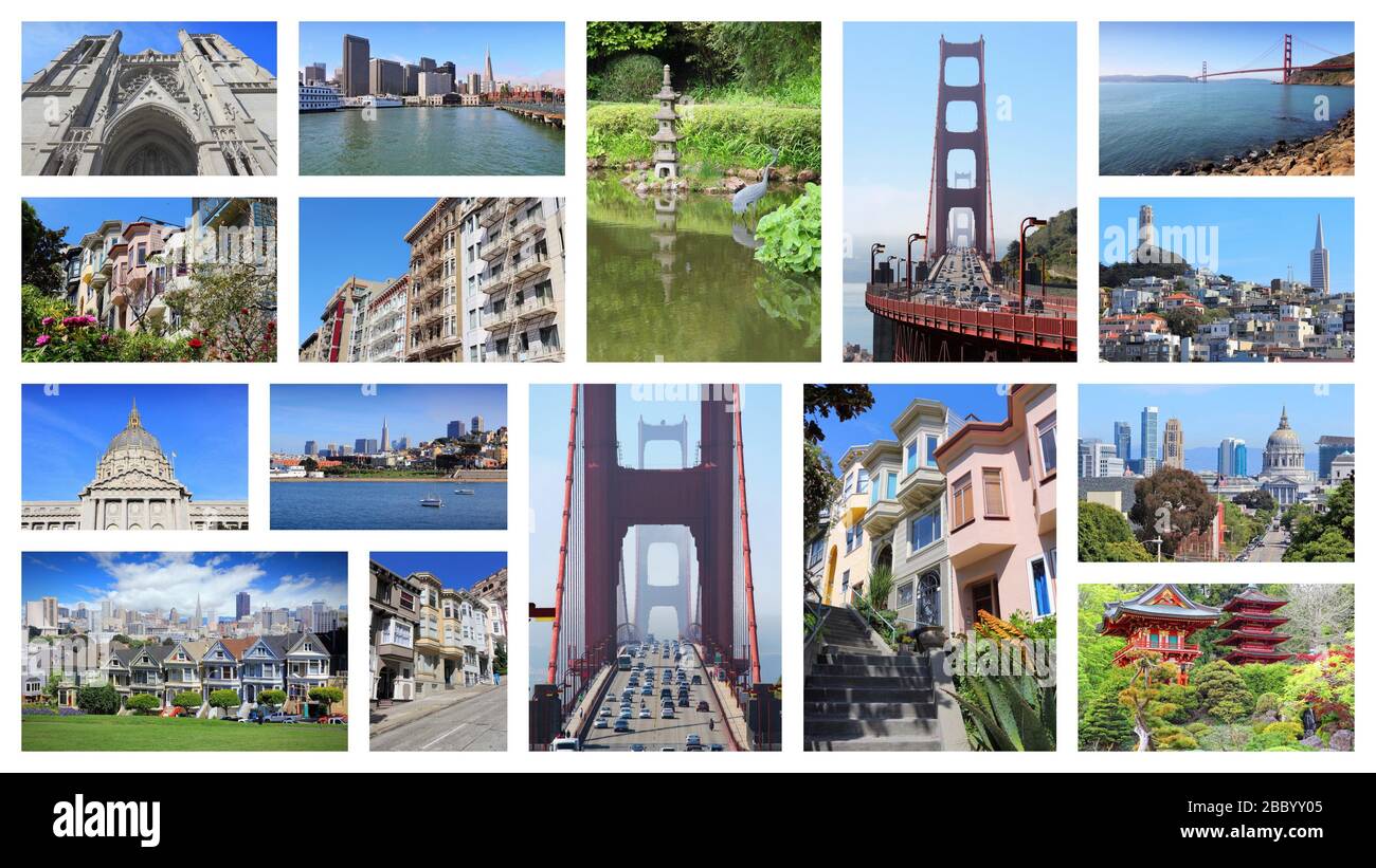 San Francisco collage - photo collection with Alamo Square, Nob Hill, Telegraph Hill, Grace Cathedral and Golden Gate Bridge. Stock Photo