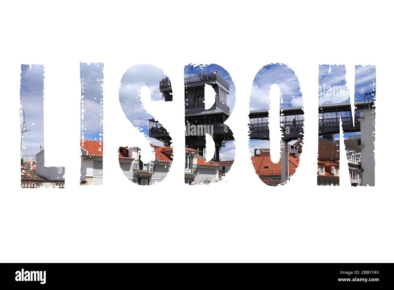 Lisbon word sign - Portugal capital city name with background travel postcard photo. Stock Photo