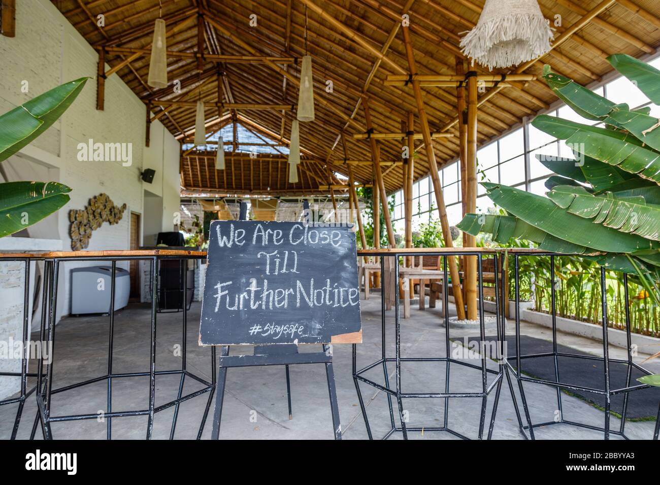 Closed cafe for quarantine for COVID-19. Canggu, one of Bali most popular tourist areas. Indonesia. Stock Photo