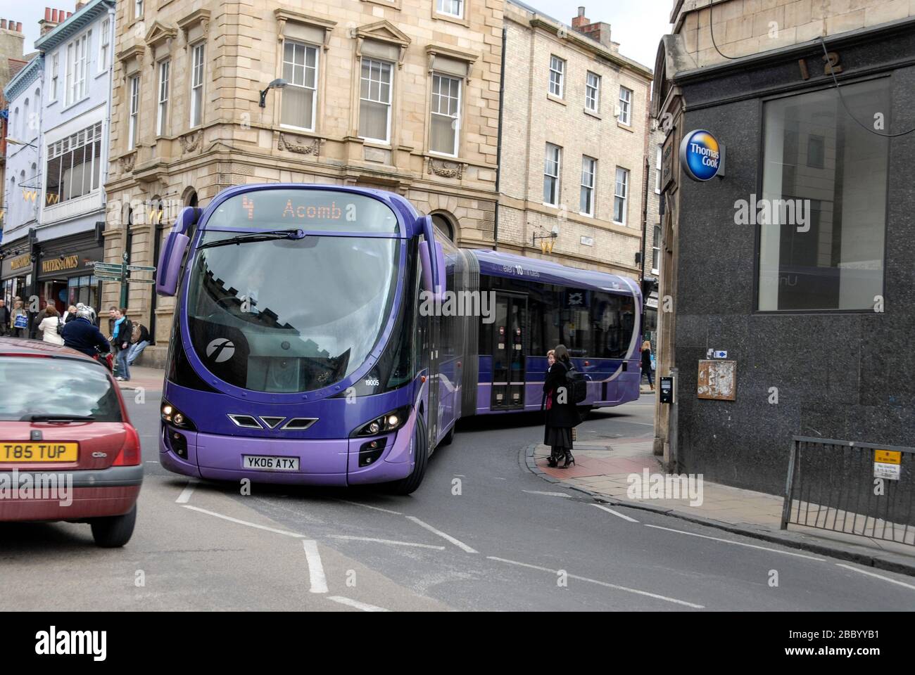 A Bendy bus in service in York, Yorkshire,England Stock Photo