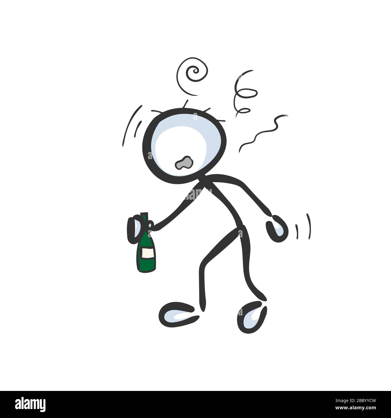 Drunk man. Alcoholic holding bottle of alcohol. Social issue. Hand drawn. Stickman cartoon. Doodle sketch, Vector graphic illustration Stock Vector