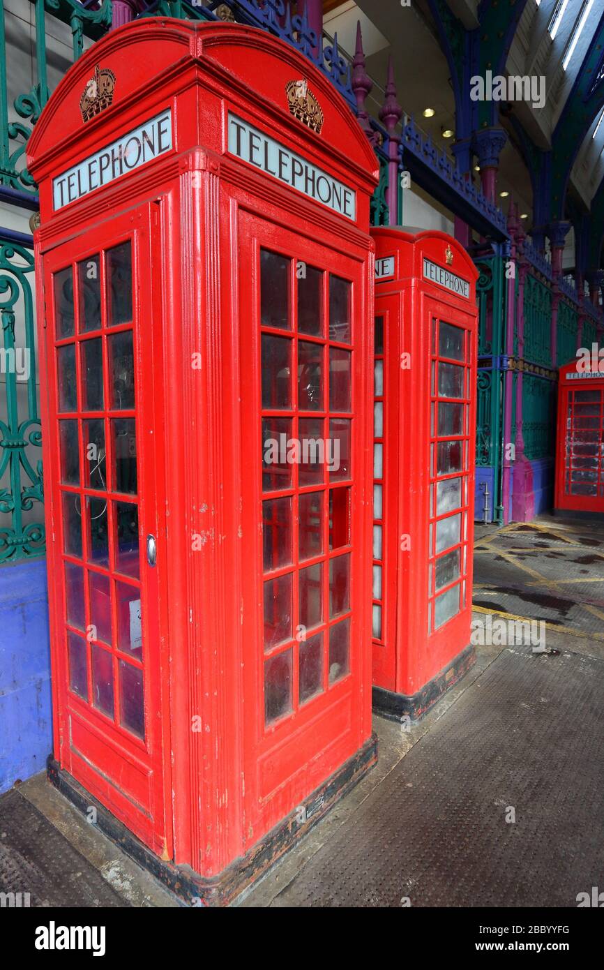London UK red telephone - phone booths in England. Stock Photo