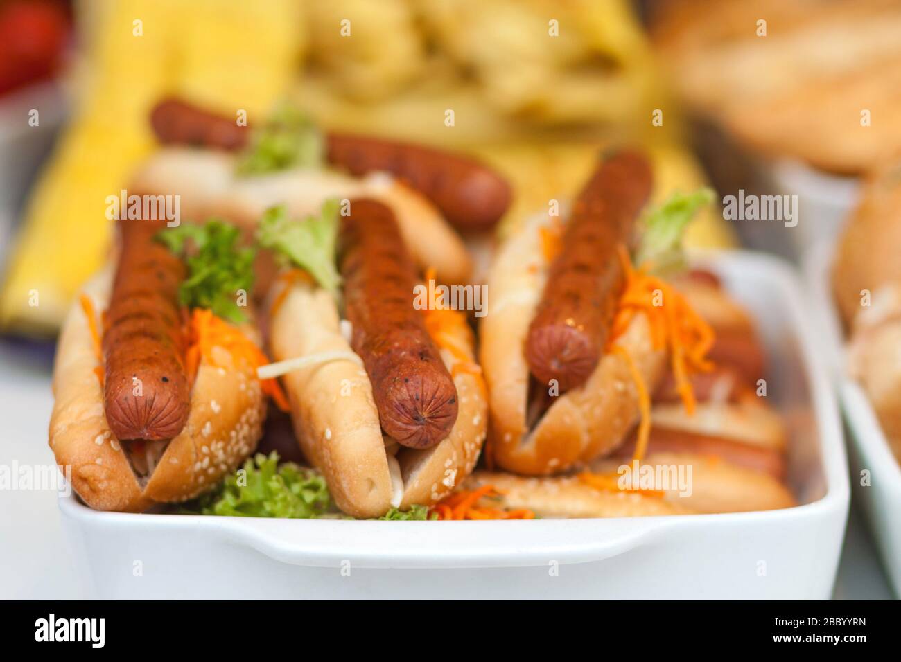 Street food. Hot dogs close up with blurry background. On the street in
