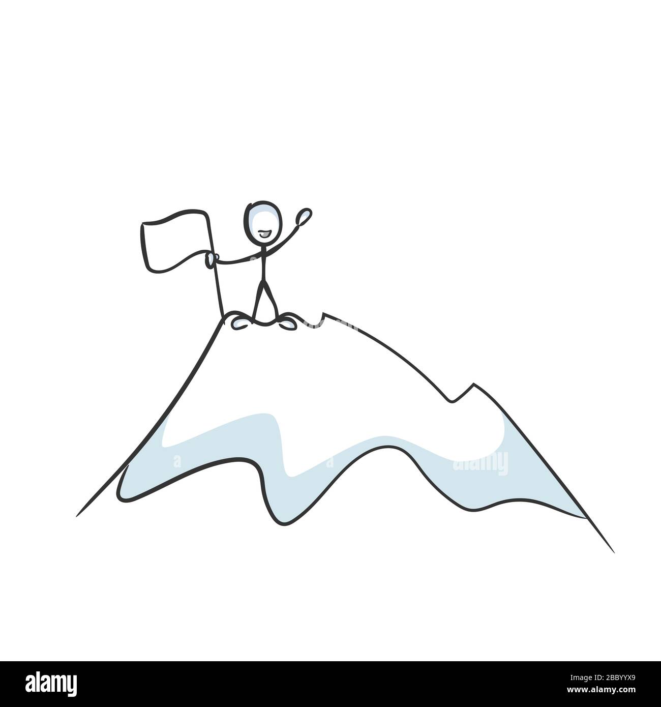 Going up the mountain. Successful achievement of a proud man. Ascend mountain peak. Standing on top of the world. Hand drawn. Stickman cartoon. Doodle Stock Vector