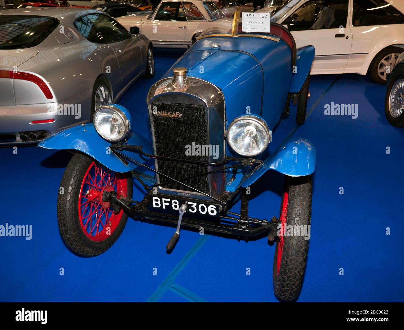A  1924, Blue,  Amilcar CC, on display in the Coys Auction Area of the 2020 London Classic Car Show Stock Photo