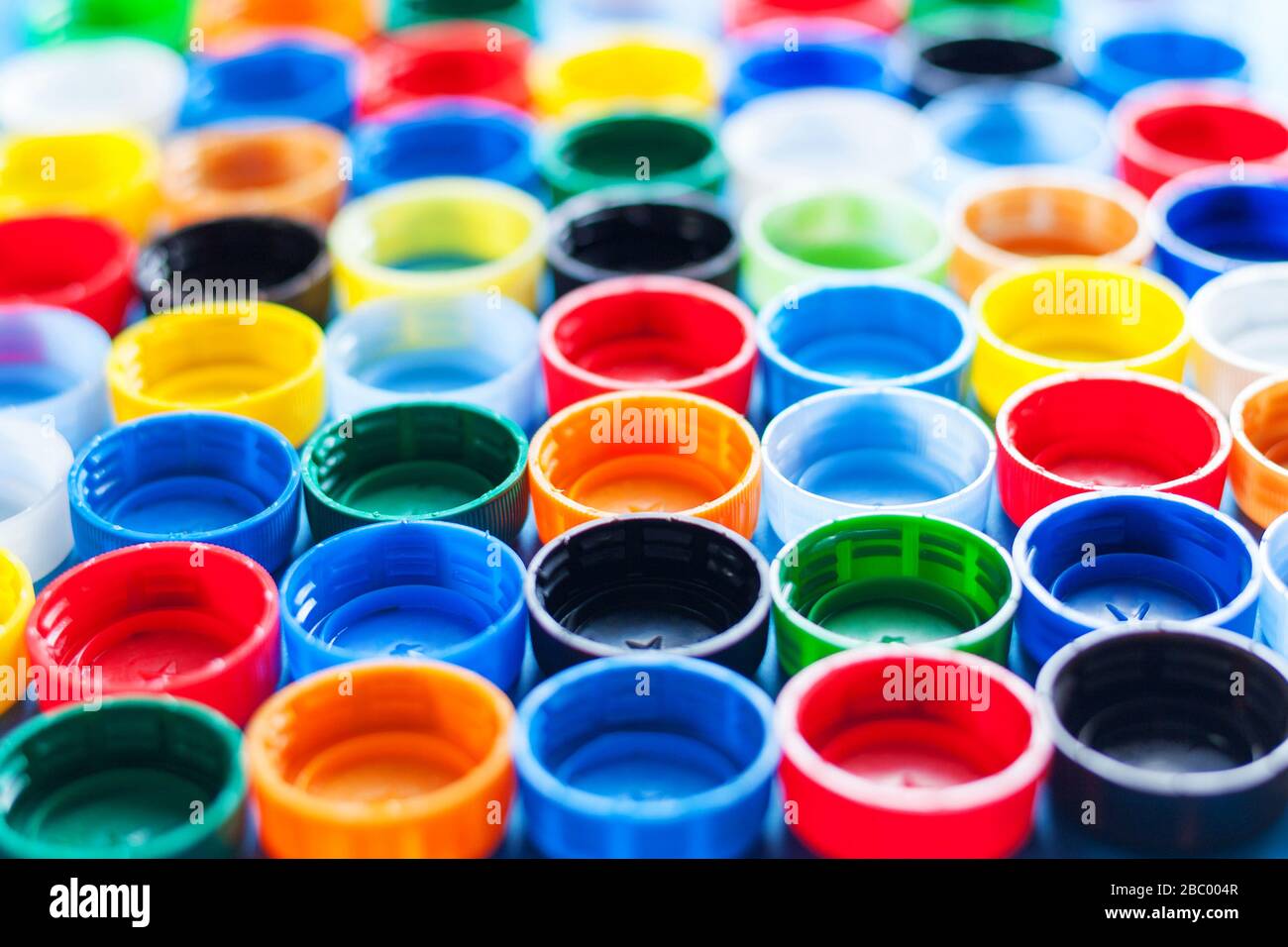 Texture of colored plastic caps. View from above Stock Photo