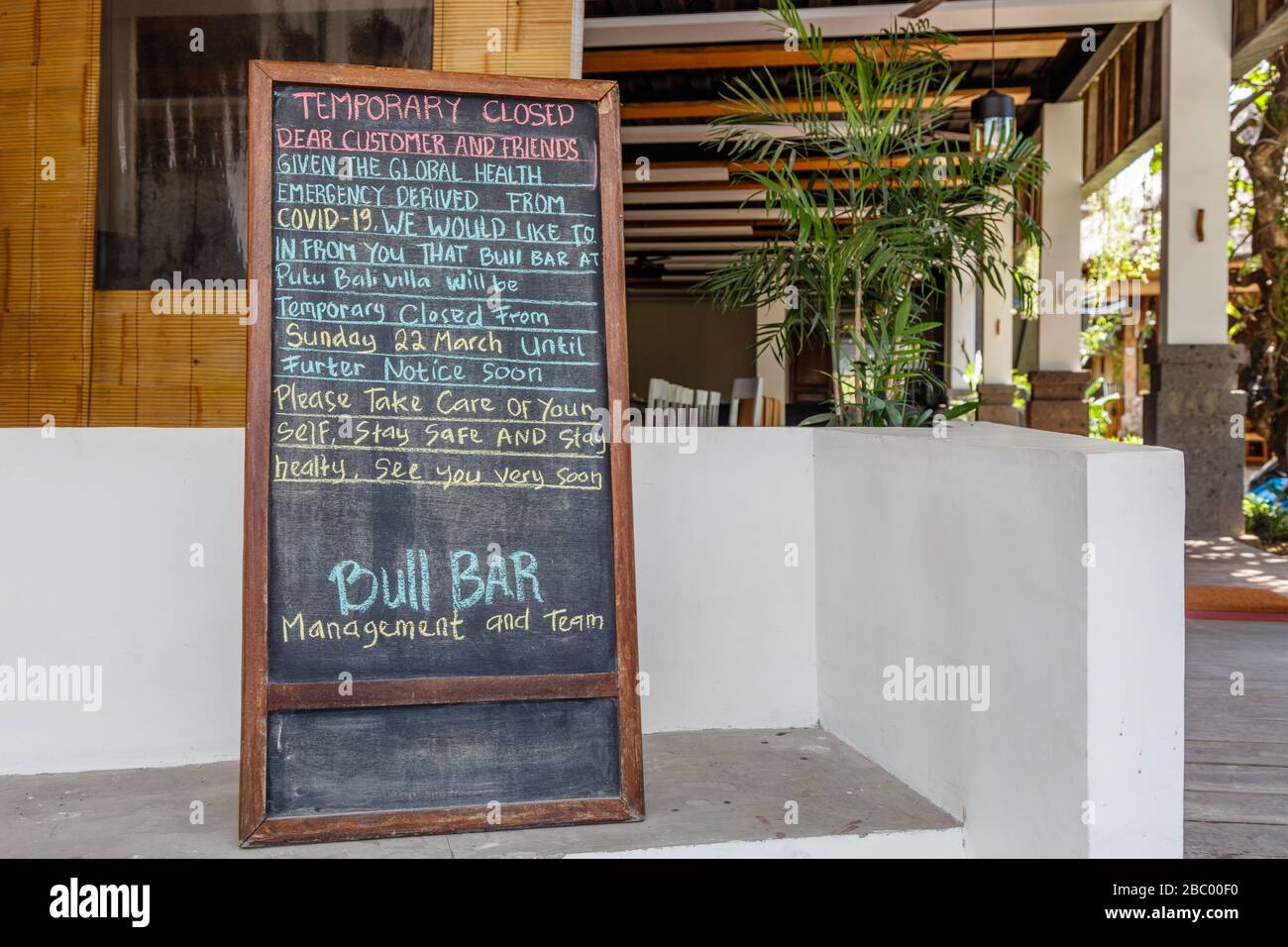 April 2, 2020. Closed bar for quarantine for COVID-19. Canggu, Bali popular tourist area. Indonesia. Stock Photo