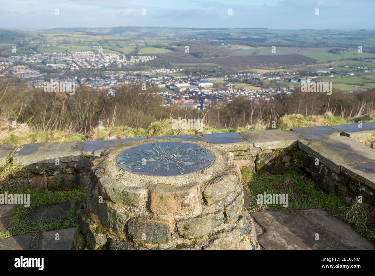 Topograph on the summit of The Chevin overlooking the town of Otley and Lower Wharfedale in West Yorkshire Stock Photo